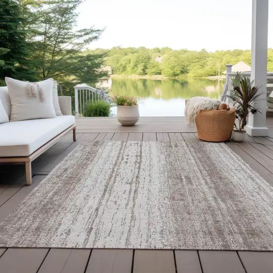 Taupe And Ivory Striped Washable Indoor Outdoor Area Rug Photo 7