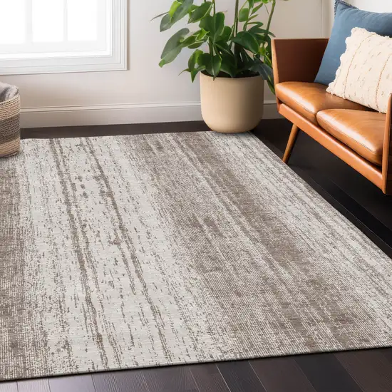 Taupe And Ivory Striped Washable Indoor Outdoor Area Rug Photo 8