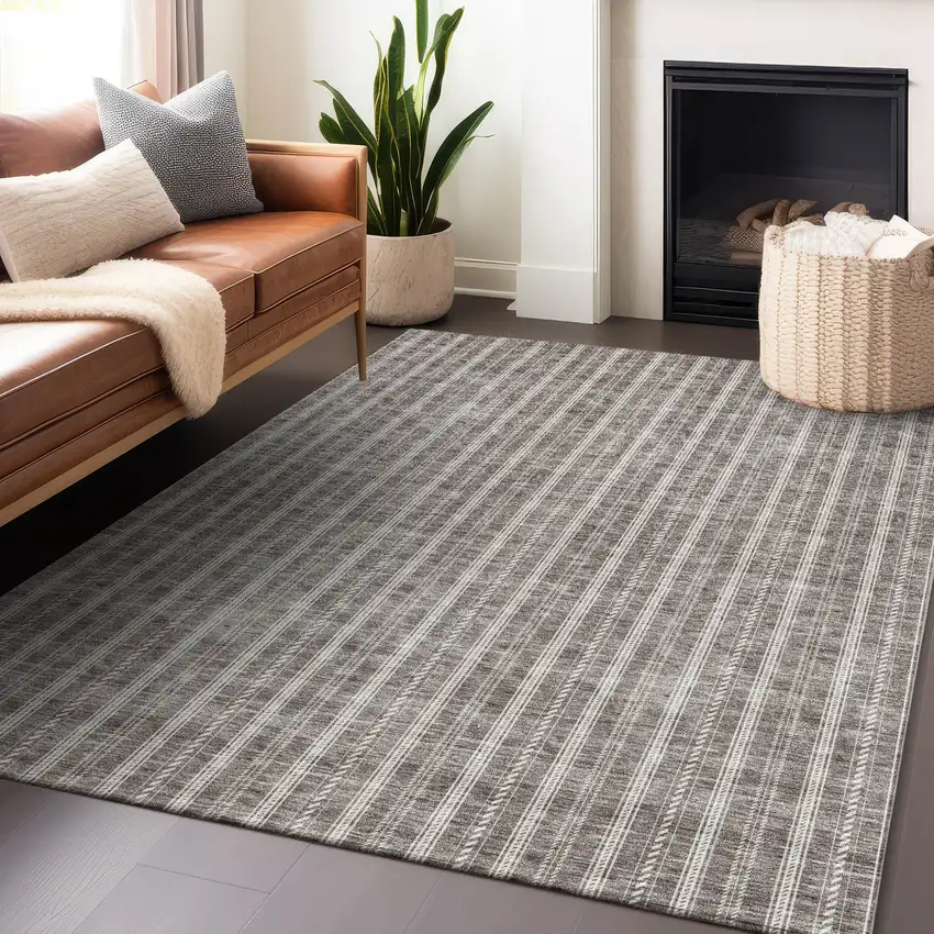 Taupe And Ivory Striped Washable Indoor Outdoor Area Rug Photo 8