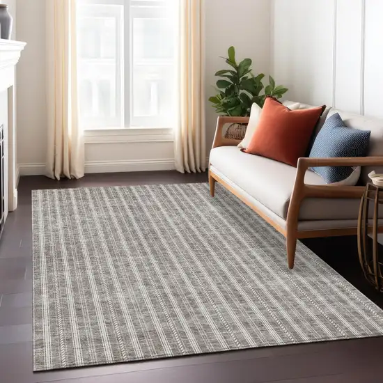 Taupe And Ivory Striped Washable Indoor Outdoor Area Rug Photo 9