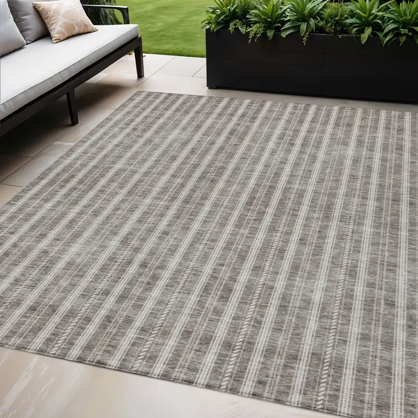Taupe And Ivory Striped Washable Indoor Outdoor Area Rug Photo 1