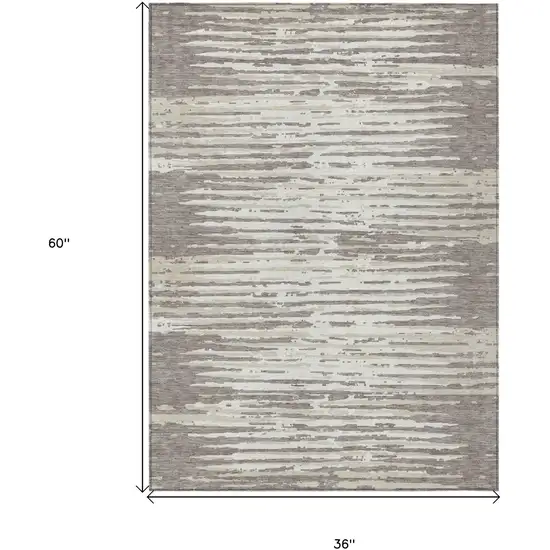 Taupe And Ivory Striped Washable Indoor Outdoor Area Rug Photo 3