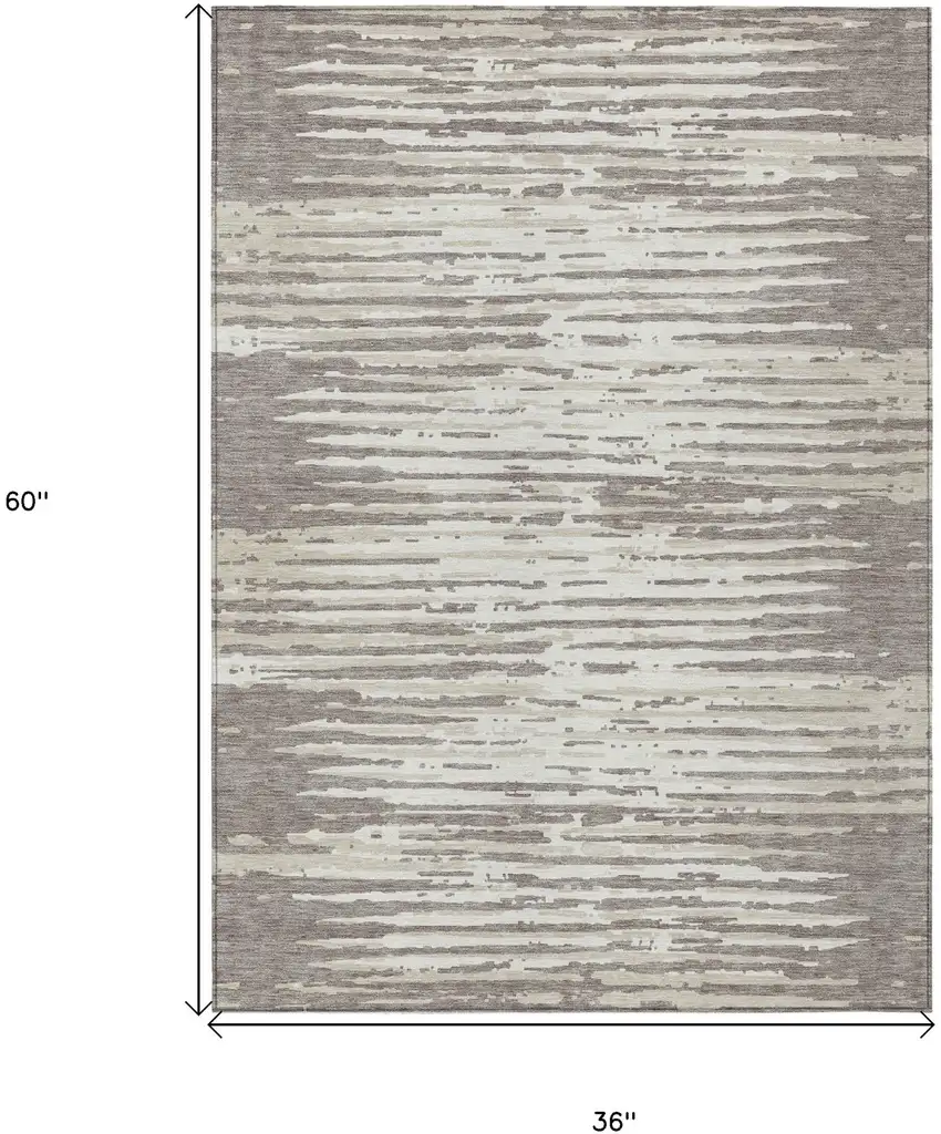 Taupe And Ivory Striped Washable Indoor Outdoor Area Rug Photo 3