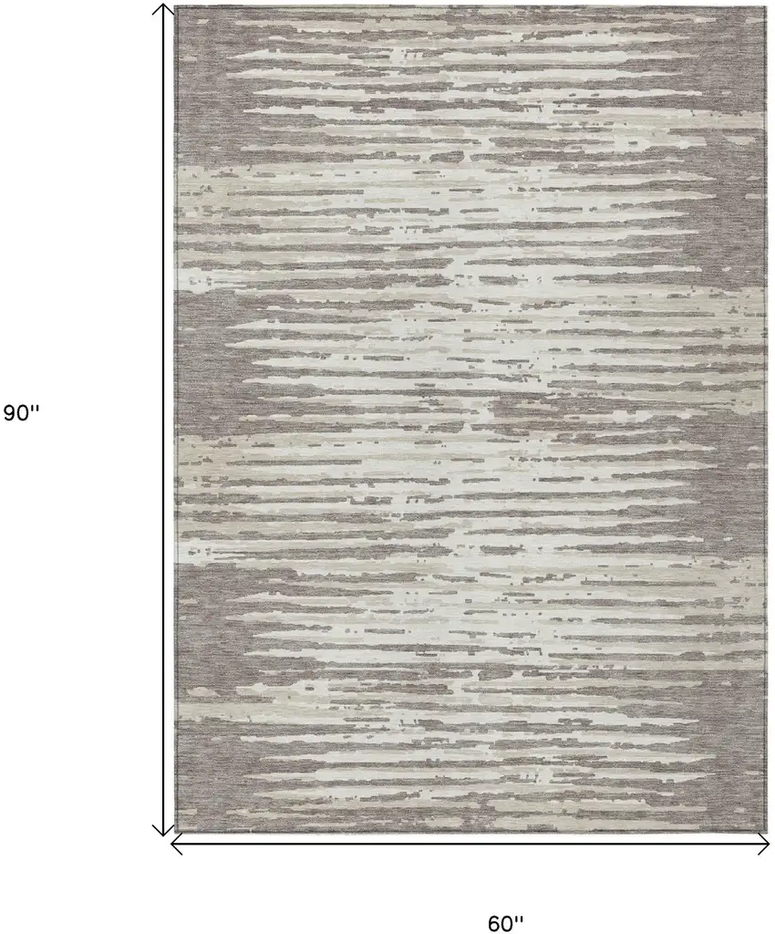 Taupe And Ivory Striped Washable Indoor Outdoor Area Rug Photo 3