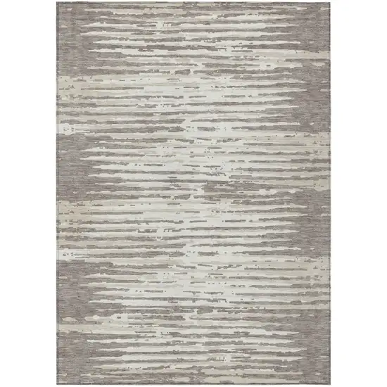 Taupe And Ivory Striped Washable Indoor Outdoor Area Rug Photo 2