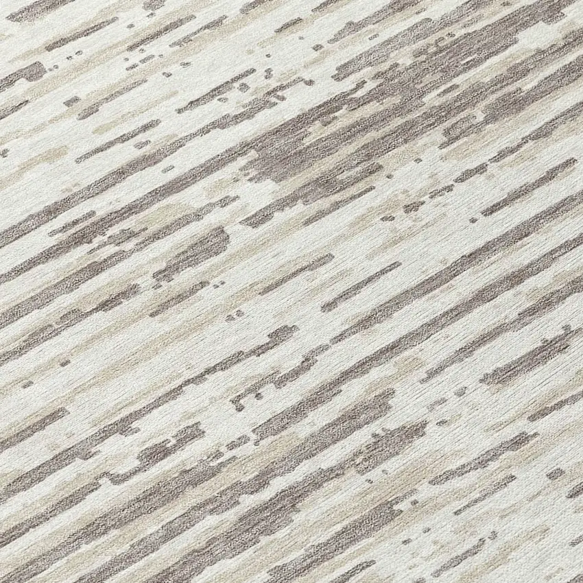 Taupe And Ivory Striped Washable Indoor Outdoor Area Rug Photo 8