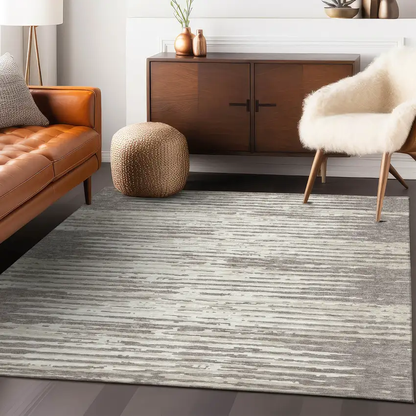 Taupe And Ivory Striped Washable Indoor Outdoor Area Rug Photo 9