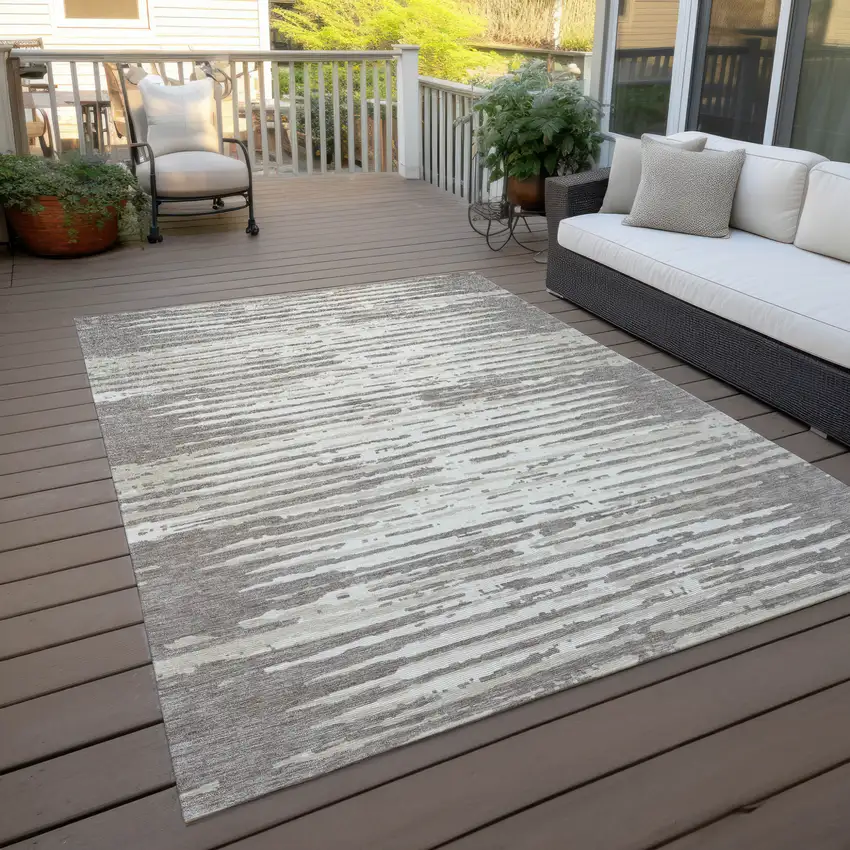 Taupe And Ivory Striped Washable Indoor Outdoor Area Rug Photo 8