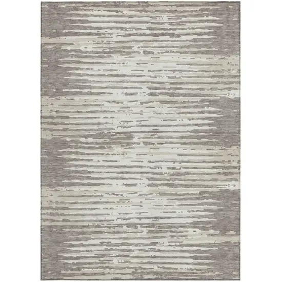 Taupe And Ivory Striped Washable Indoor Outdoor Area Rug Photo 7