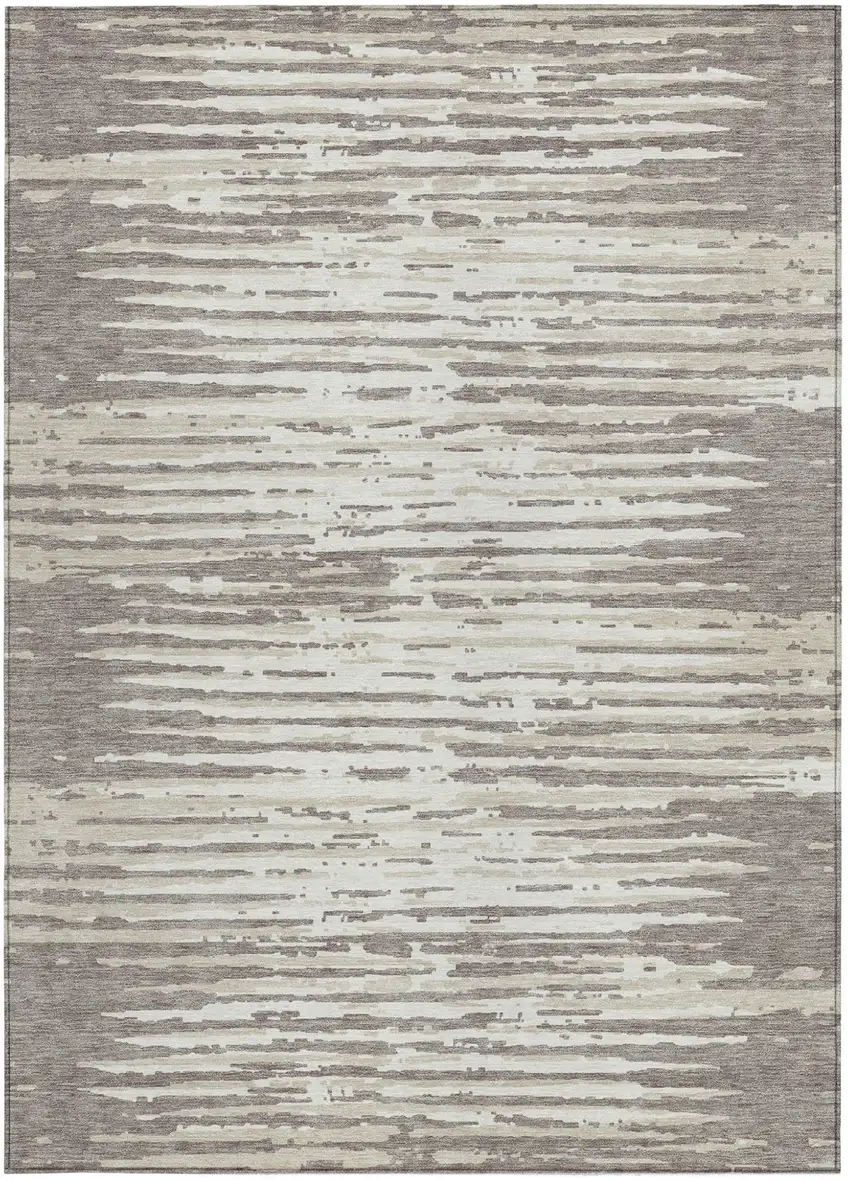 Taupe And Ivory Striped Washable Indoor Outdoor Area Rug Photo 6