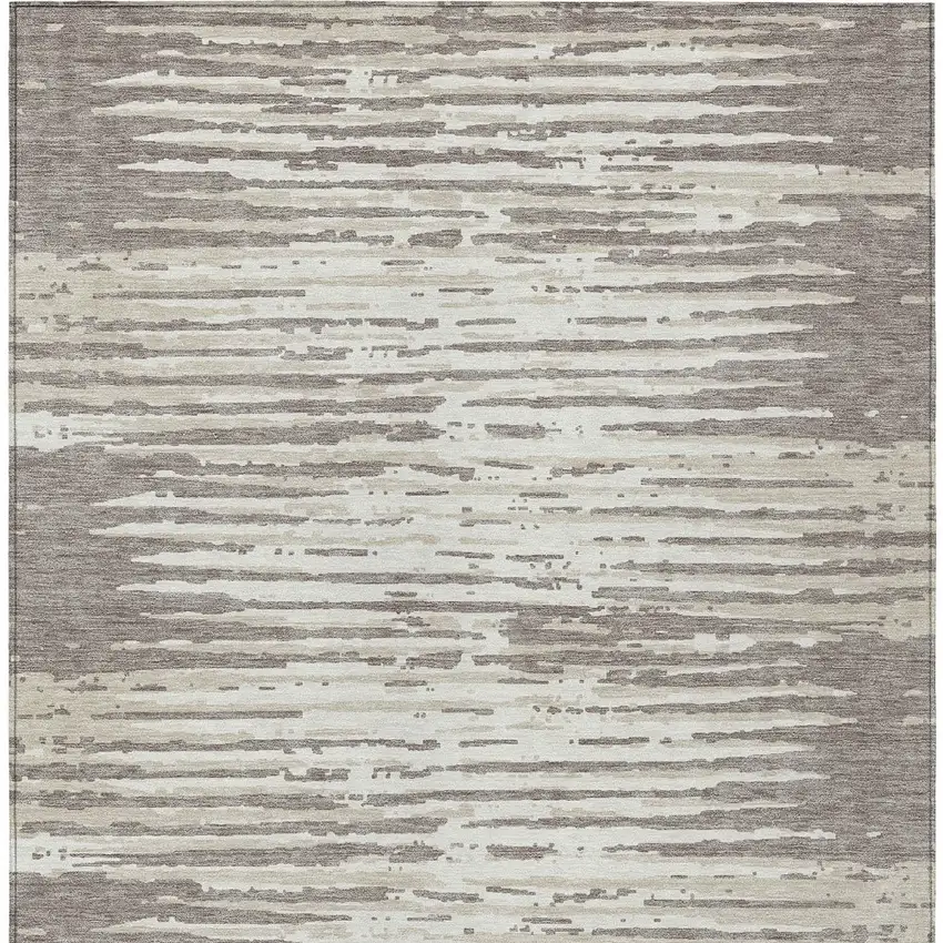 Taupe And Ivory Striped Washable Indoor Outdoor Area Rug Photo 5