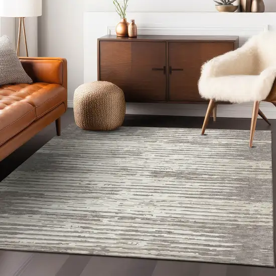 Taupe And Ivory Striped Washable Indoor Outdoor Area Rug Photo 9