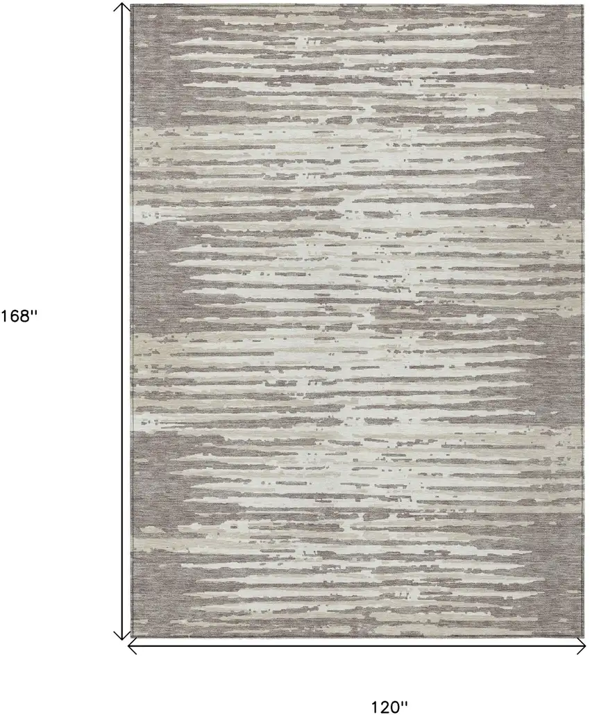 Taupe And Ivory Striped Washable Indoor Outdoor Area Rug Photo 7