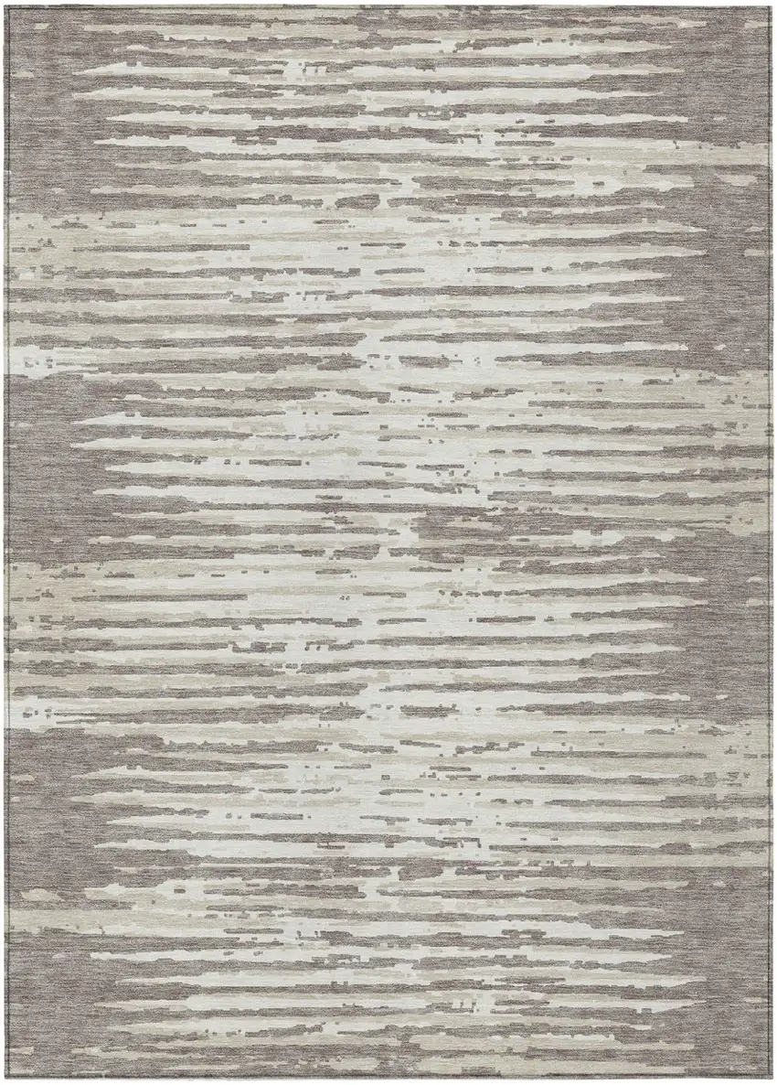 Taupe And Ivory Striped Washable Indoor Outdoor Area Rug Photo 2
