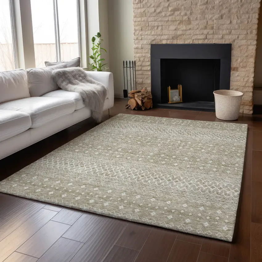 Taupe And Ivory Tribal Washable Area Rug With UV Protection Photo 6