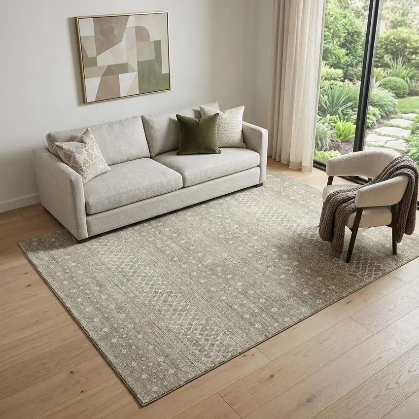 Taupe And Ivory Tribal Washable Area Rug With UV Protection Photo 1