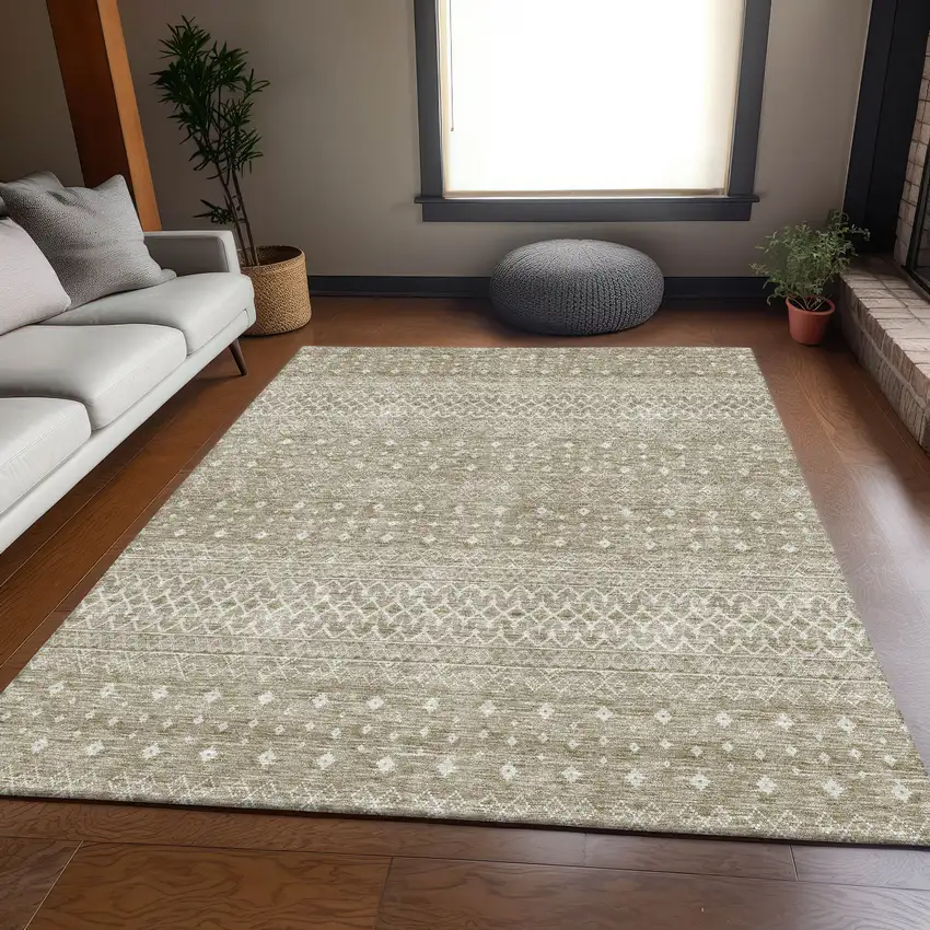 Taupe And Ivory Tribal Washable Area Rug With UV Protection Photo 6