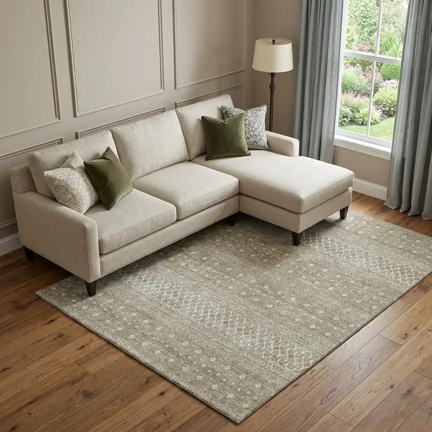 Taupe And Ivory Tribal Washable Area Rug With UV Protection Photo 1