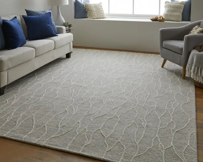 Taupe And Ivory Wool Abstract Tufted Handmade Stain Resistant Area Rug Photo 6