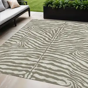 Photo of Taupe And Ivory Zebra Print Washable Indoor Outdoor Area Rug