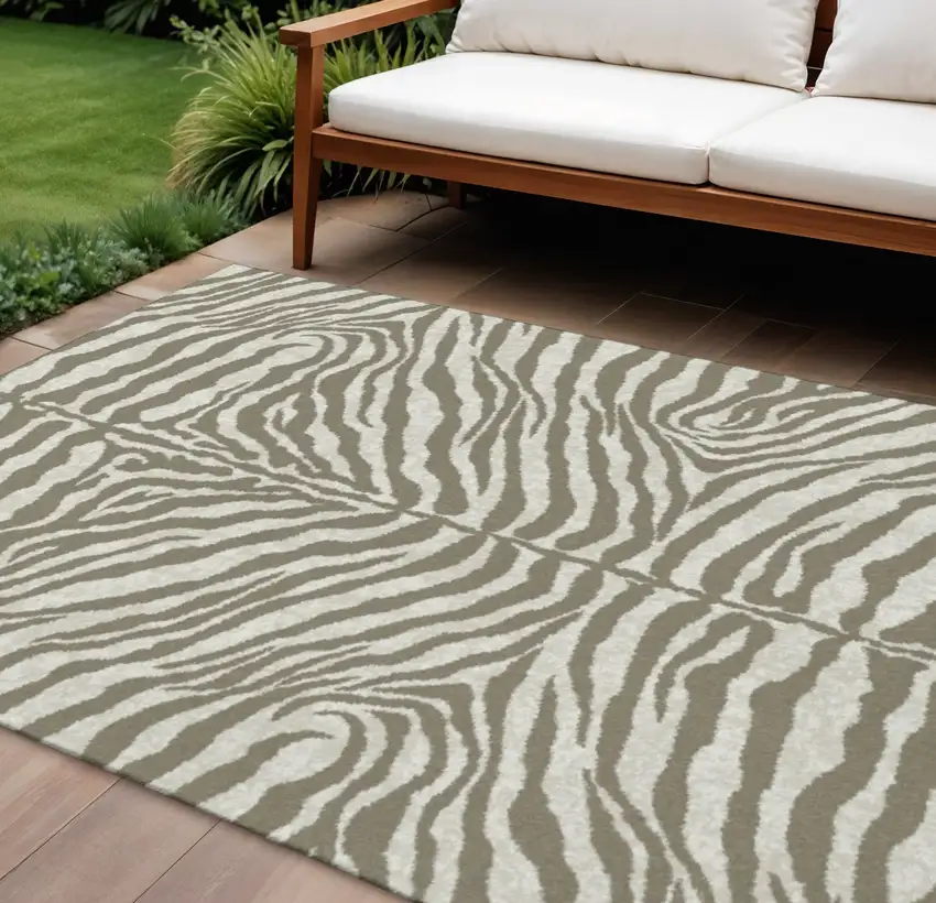 Taupe And Ivory Zebra Print Washable Indoor Outdoor Area Rug Photo 1