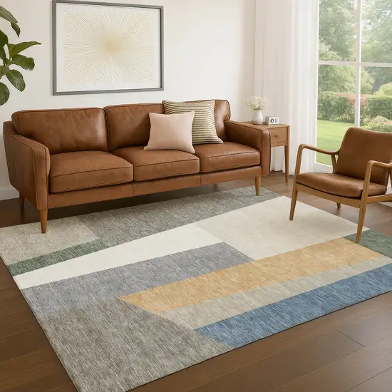 Taupe And Olive Green Geometric Washable Indoor Outdoor Area Rug Photo 5
