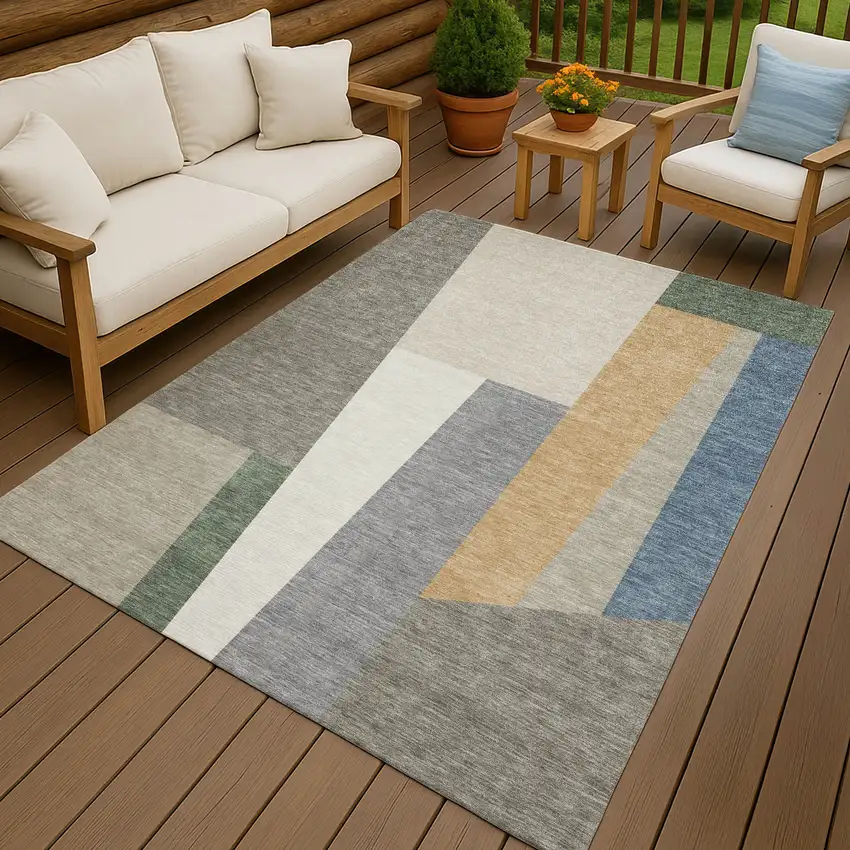 Taupe And Olive Green Geometric Washable Indoor Outdoor Area Rug Photo 4