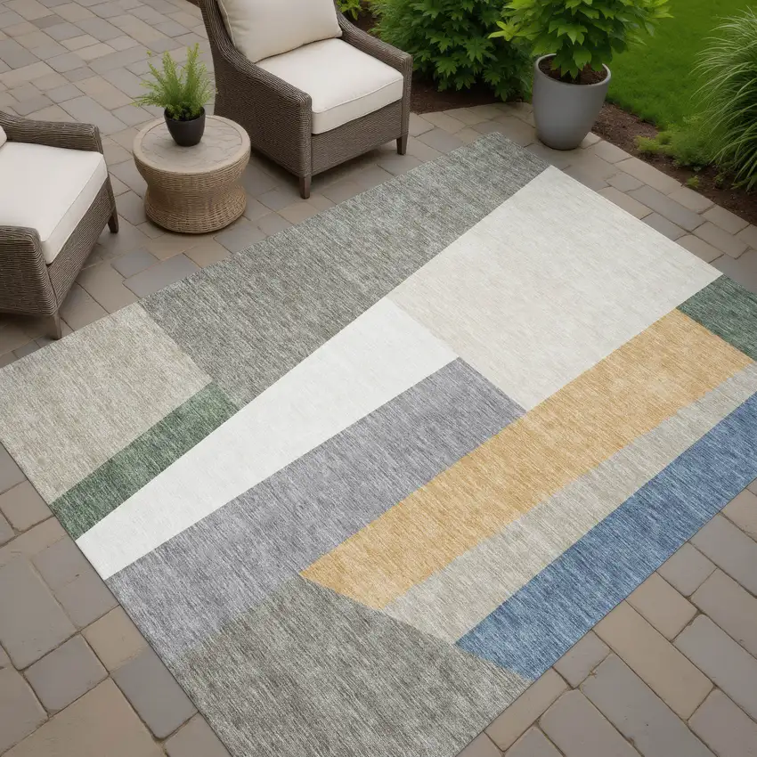 Taupe And Olive Green Geometric Washable Indoor Outdoor Area Rug Photo 7