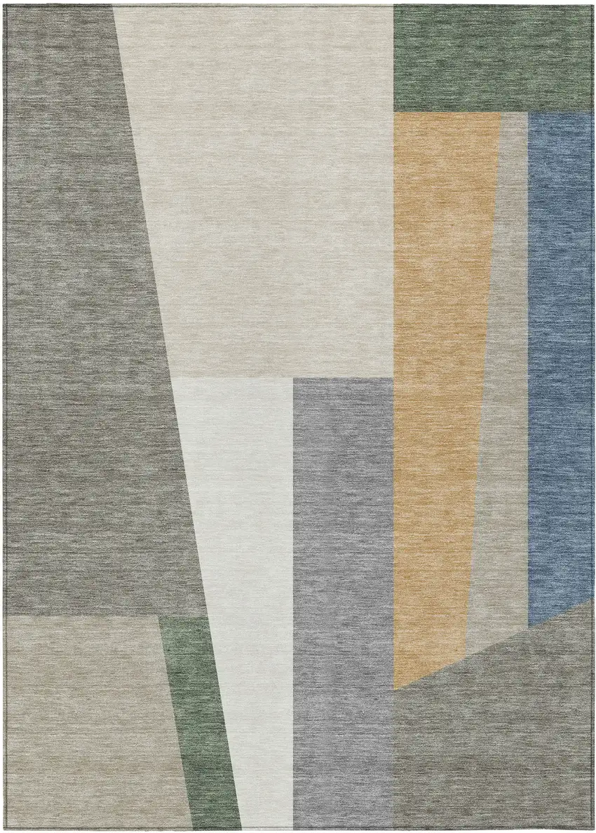 Taupe And Olive Green Geometric Washable Indoor Outdoor Area Rug Photo 1