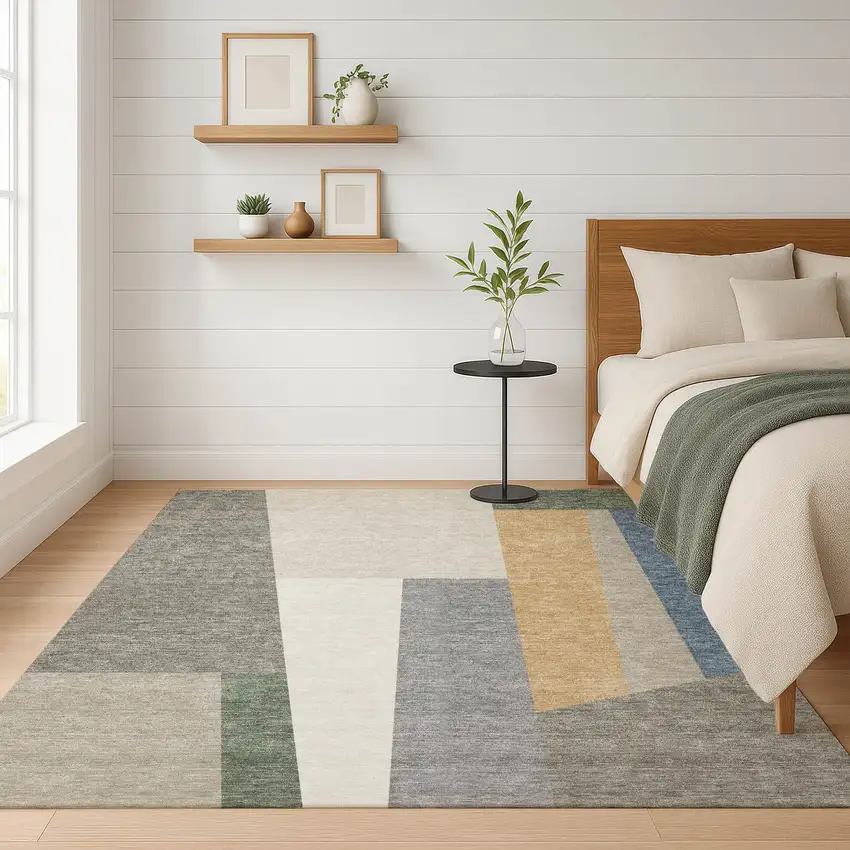 Taupe And Olive Green Geometric Washable Indoor Outdoor Area Rug Photo 6