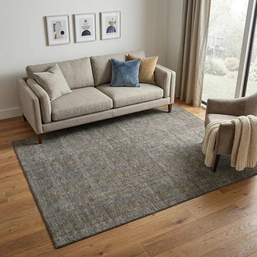 Taupe And Olive Green Striped Washable Area Rug With UV Protection Photo 1