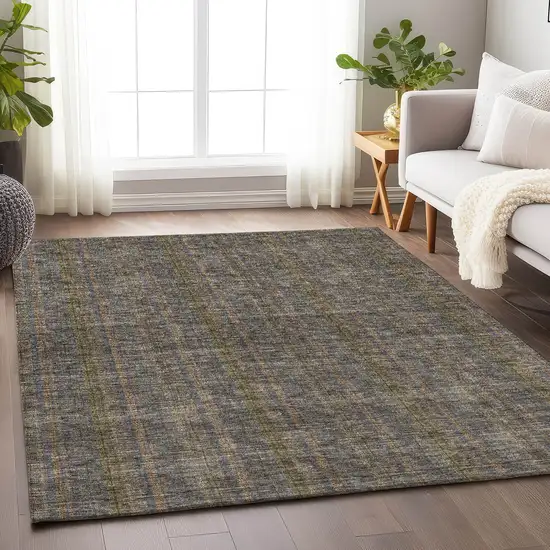 Taupe And Olive Green Striped Washable Area Rug With UV Protection Photo 4