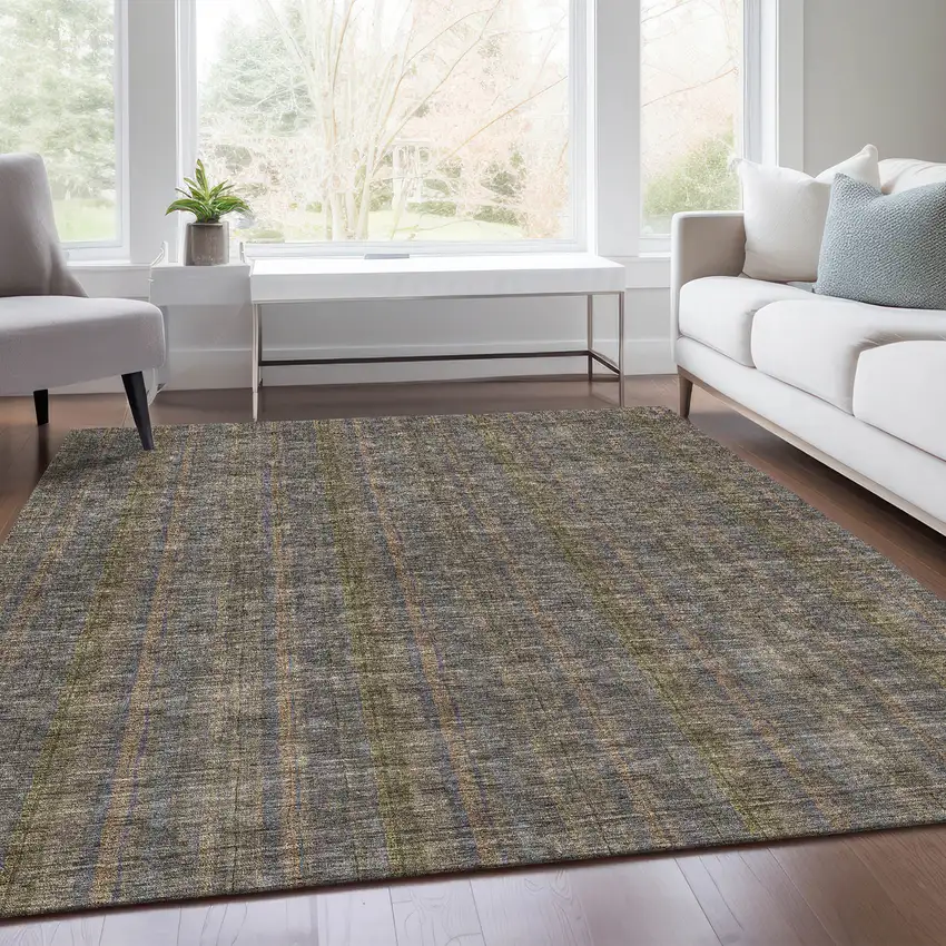 Taupe And Olive Green Striped Washable Area Rug With UV Protection Photo 5