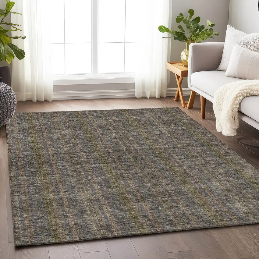 Taupe And Olive Green Striped Washable Area Rug With UV Protection Photo 4