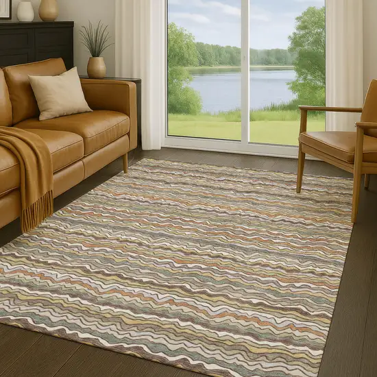 Taupe And Orange Striped Washable Indoor Outdoor Area Rug Photo 5
