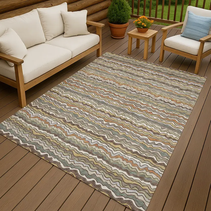 Taupe And Orange Striped Washable Indoor Outdoor Area Rug Photo 4