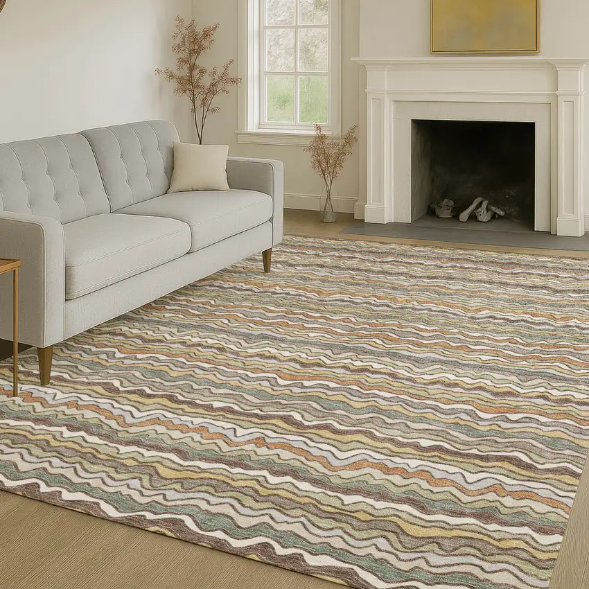 Taupe And Orange Striped Washable Indoor Outdoor Area Rug Photo 6