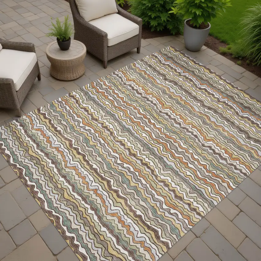Taupe And Orange Striped Washable Indoor Outdoor Area Rug Photo 7