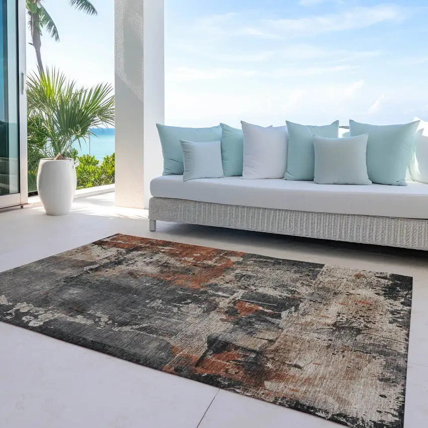 Taupe And Rust Abstract Washable Indoor Outdoor Area Rug Photo 3