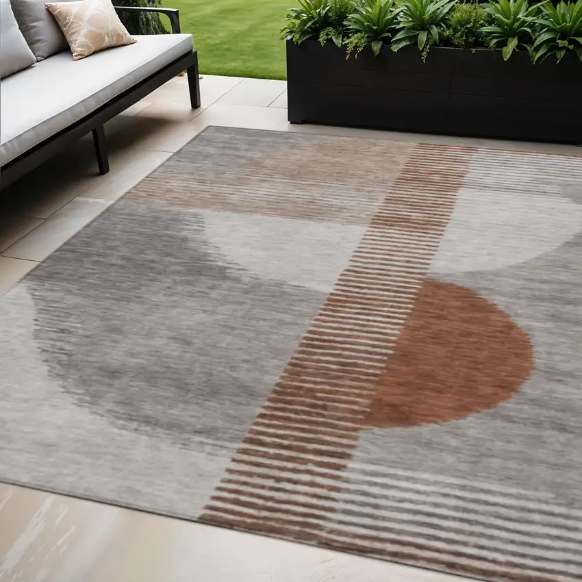 Taupe And Rust Geometric Washable Indoor Outdoor Area Rug Photo 2