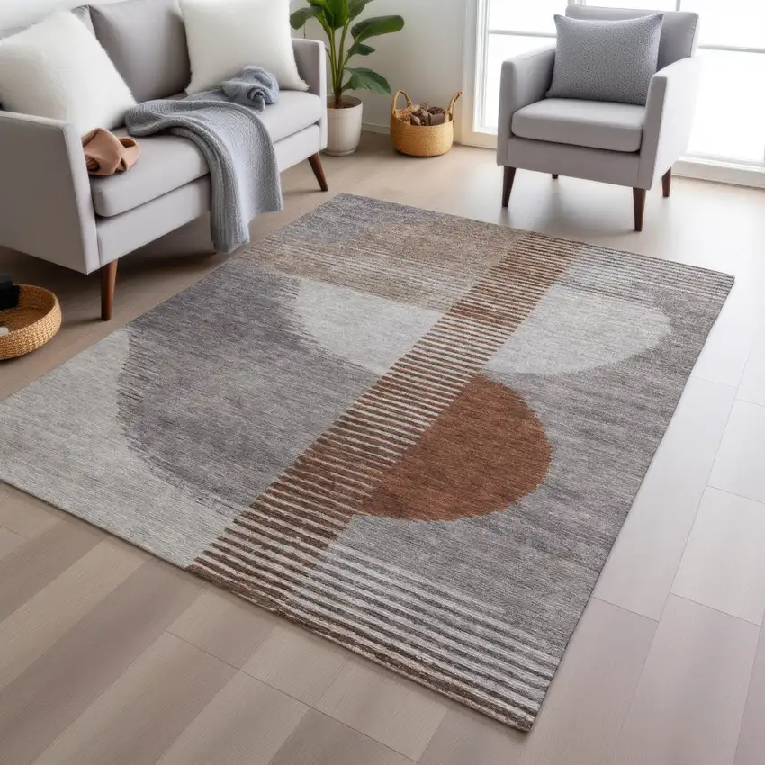 Taupe And Rust Geometric Washable Indoor Outdoor Area Rug Photo 6