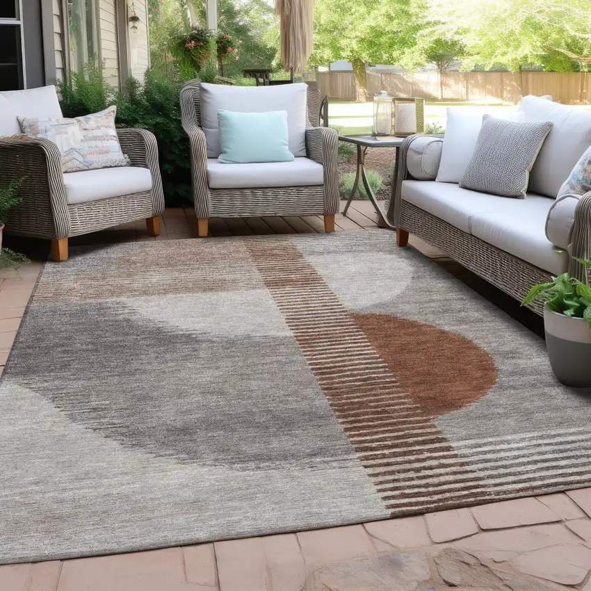 Taupe And Rust Geometric Washable Indoor Outdoor Area Rug Photo 5