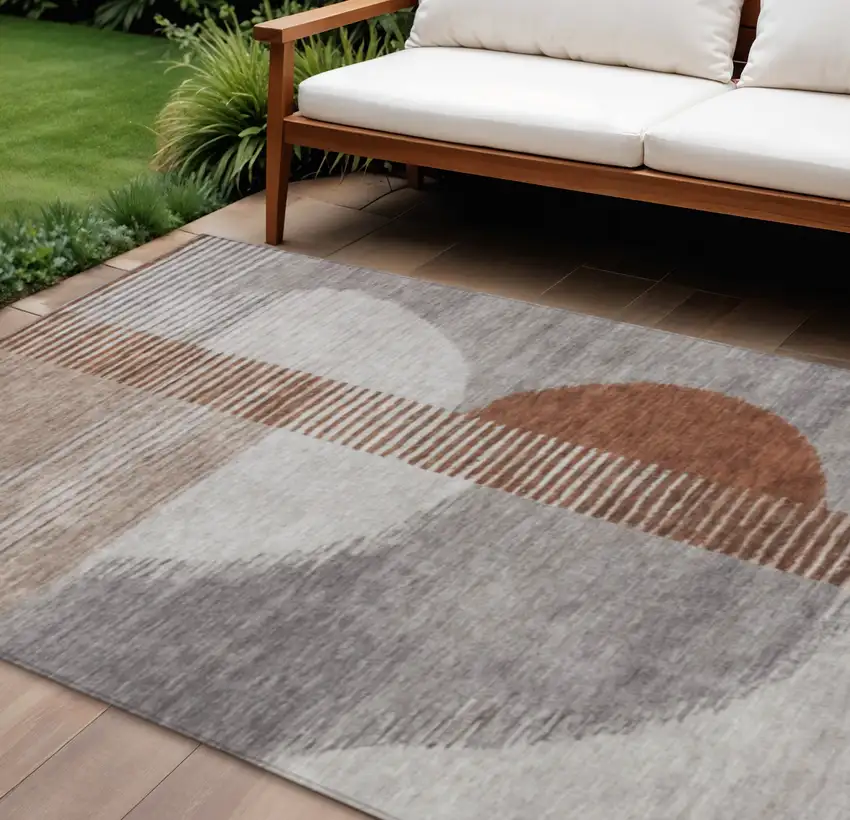 Taupe And Rust Geometric Washable Indoor Outdoor Area Rug Photo 2
