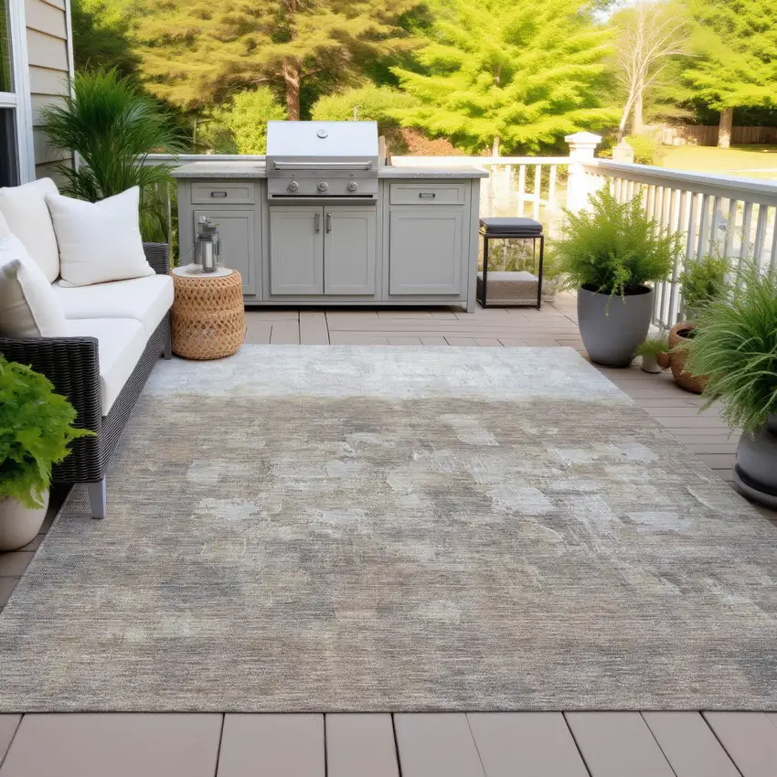 Taupe And Silver Abstract Washable Indoor Outdoor Area Rug Photo 6