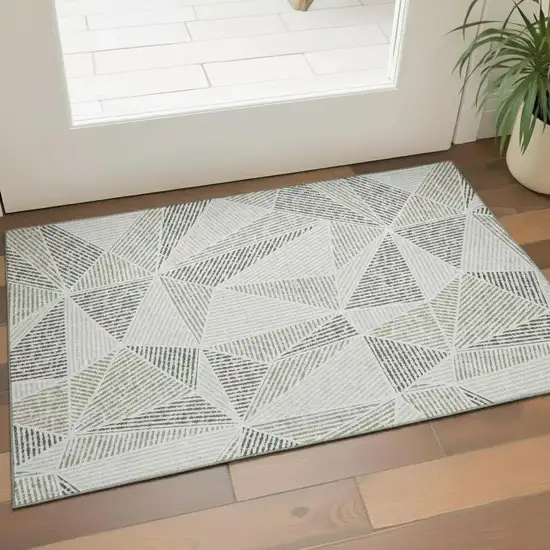 Taupe And Silver Geometric Washable Area Rug With UV Protection Photo 1