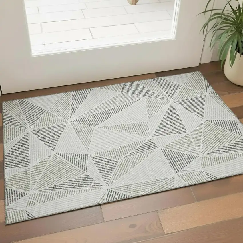 Taupe And Silver Geometric Washable Area Rug With UV Protection Photo 1