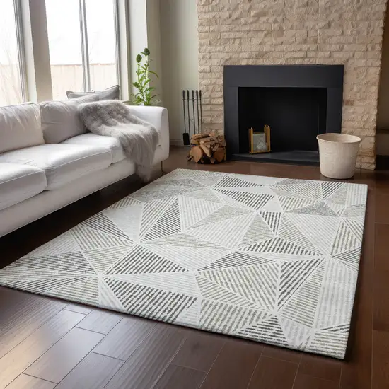 Taupe And Silver Geometric Washable Area Rug With UV Protection Photo 6