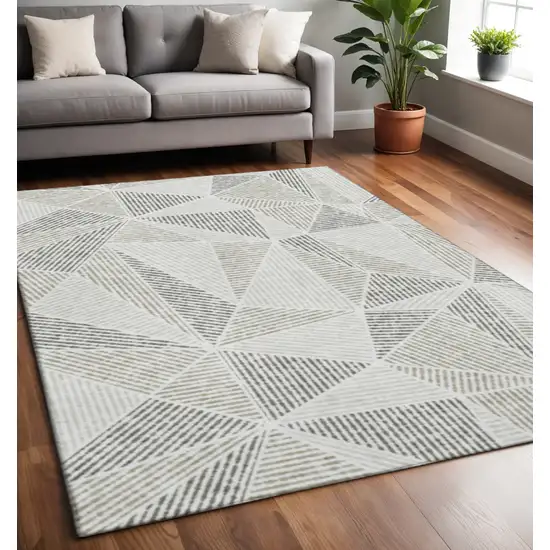 Taupe And Silver Geometric Washable Area Rug With UV Protection Photo 2