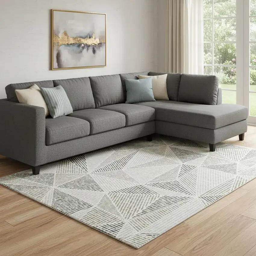 Taupe And Silver Geometric Washable Area Rug With UV Protection Photo 1