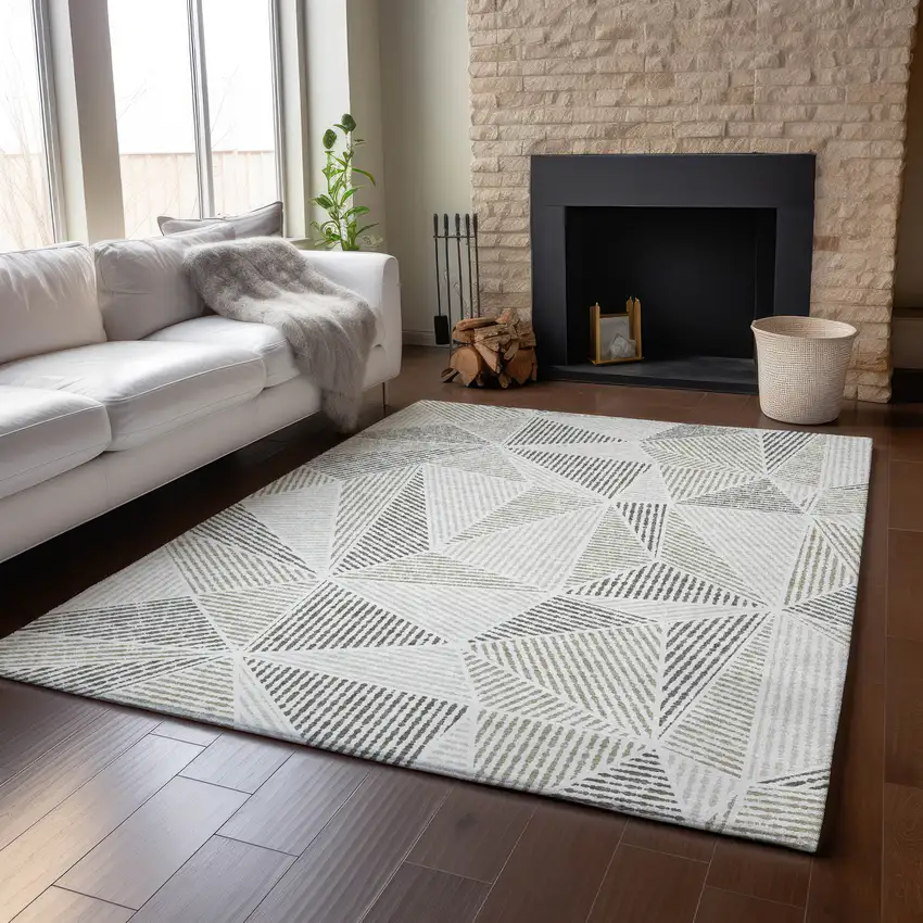 Taupe And Silver Geometric Washable Area Rug With UV Protection Photo 6